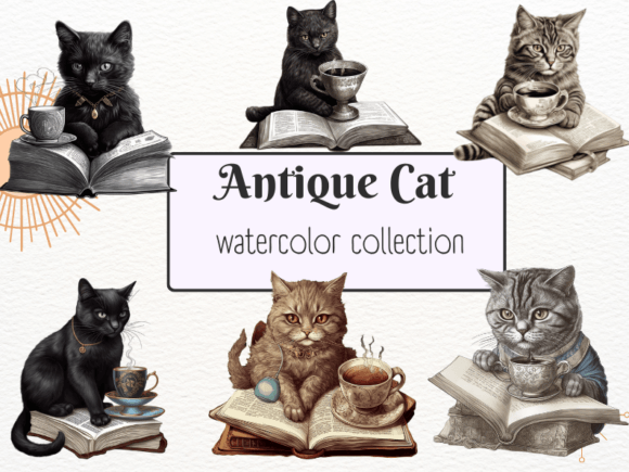 Antique Style Cat Reading Book: A Timeless Clipart Collection for Creative Professionals and Enthusiasts