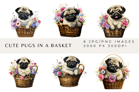Cute Pugs in Flower Baskets Sublimation: A Creative Design Collection