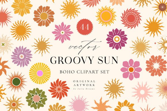 Retro Groovy Sun Digital Clipart Set